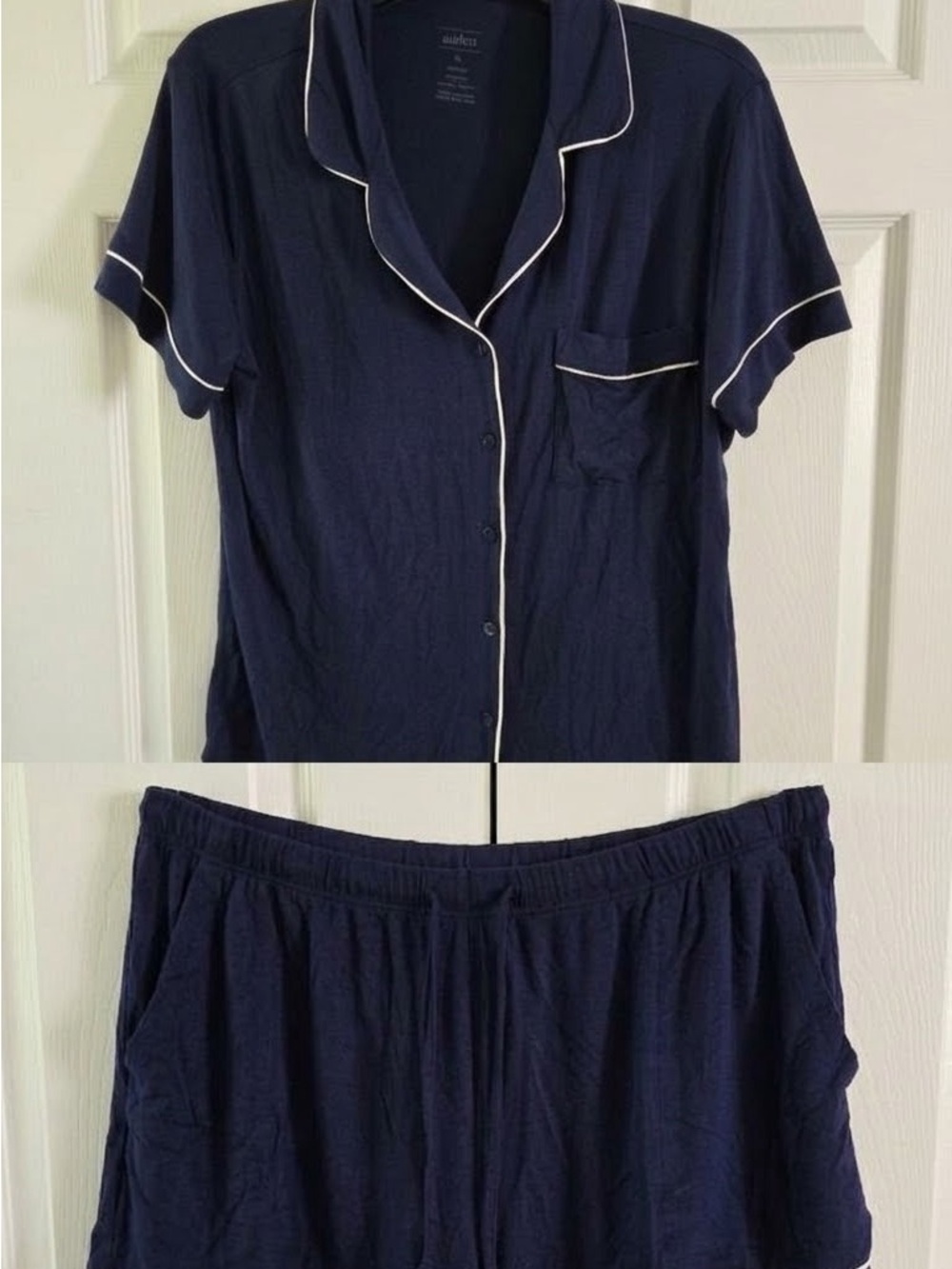 Auden Cloud Knit Pajama Set XL Navy Blue Short Sleeve Top Shorts White Trim